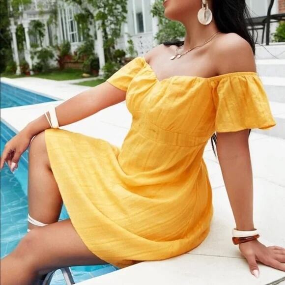 SHEIN Dresses & Skirts - Shein Curve Size 4XL Off the Shoulder Yellow Gold Dress Vacation Wedding guest